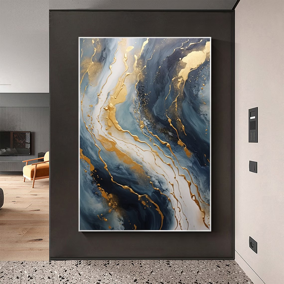 Elegant Flow Abstract Wall Art in Blue and Gold #BGA 056