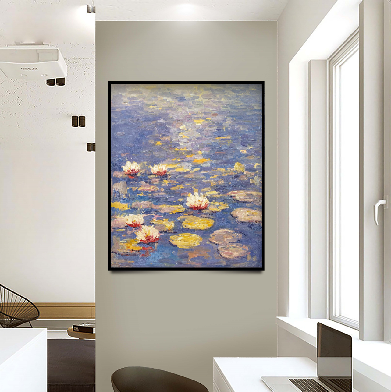 Water Lilies in Blue and Purple, Impressionistic Wall Art #BGA 067