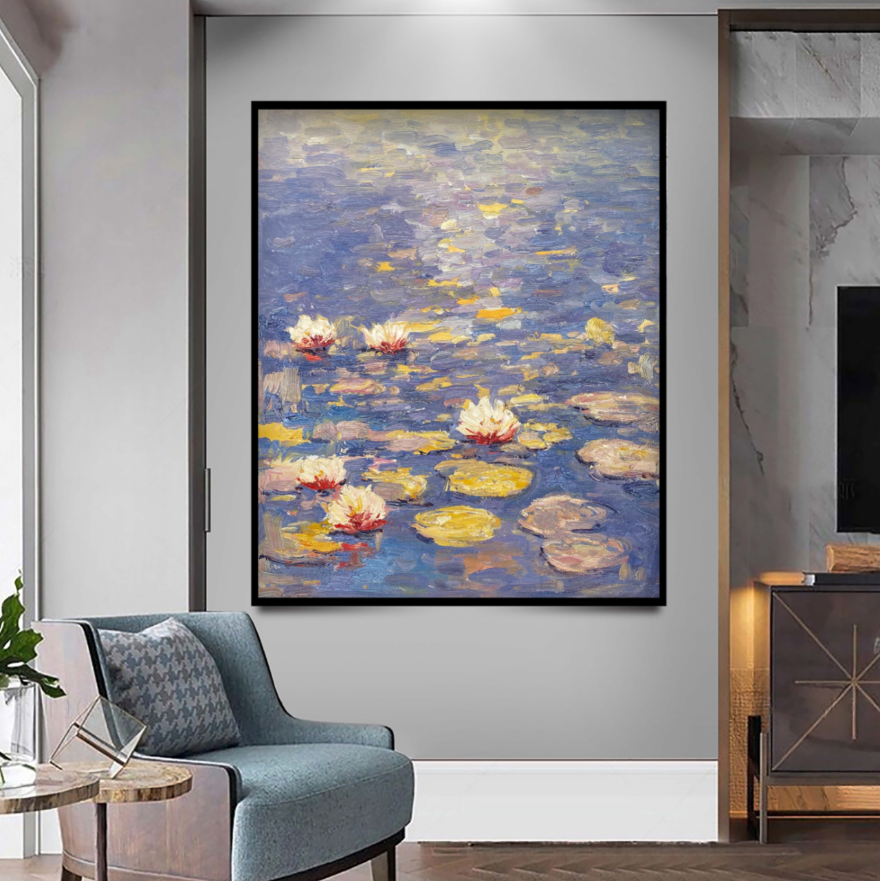 Water Lilies in Blue and Purple, Impressionistic Wall Art #BGA 067