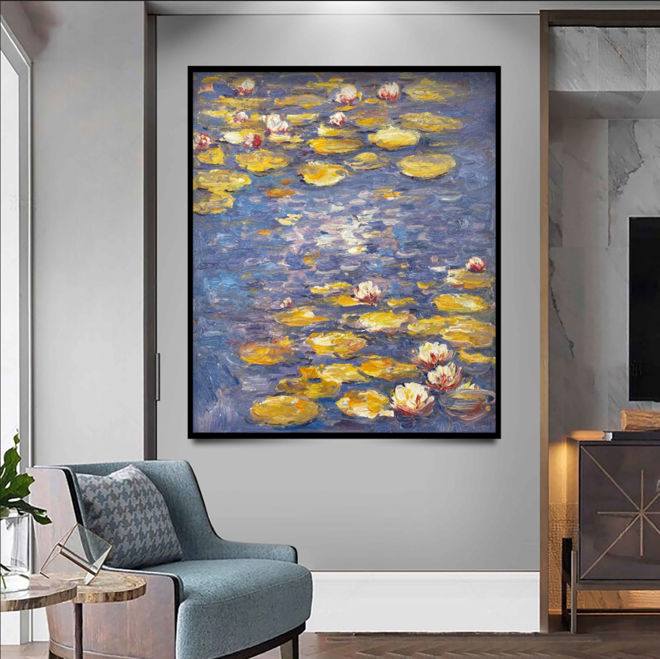 Tranquil Pond with Yellow and White Water Lilies Wall Art #BGA 069