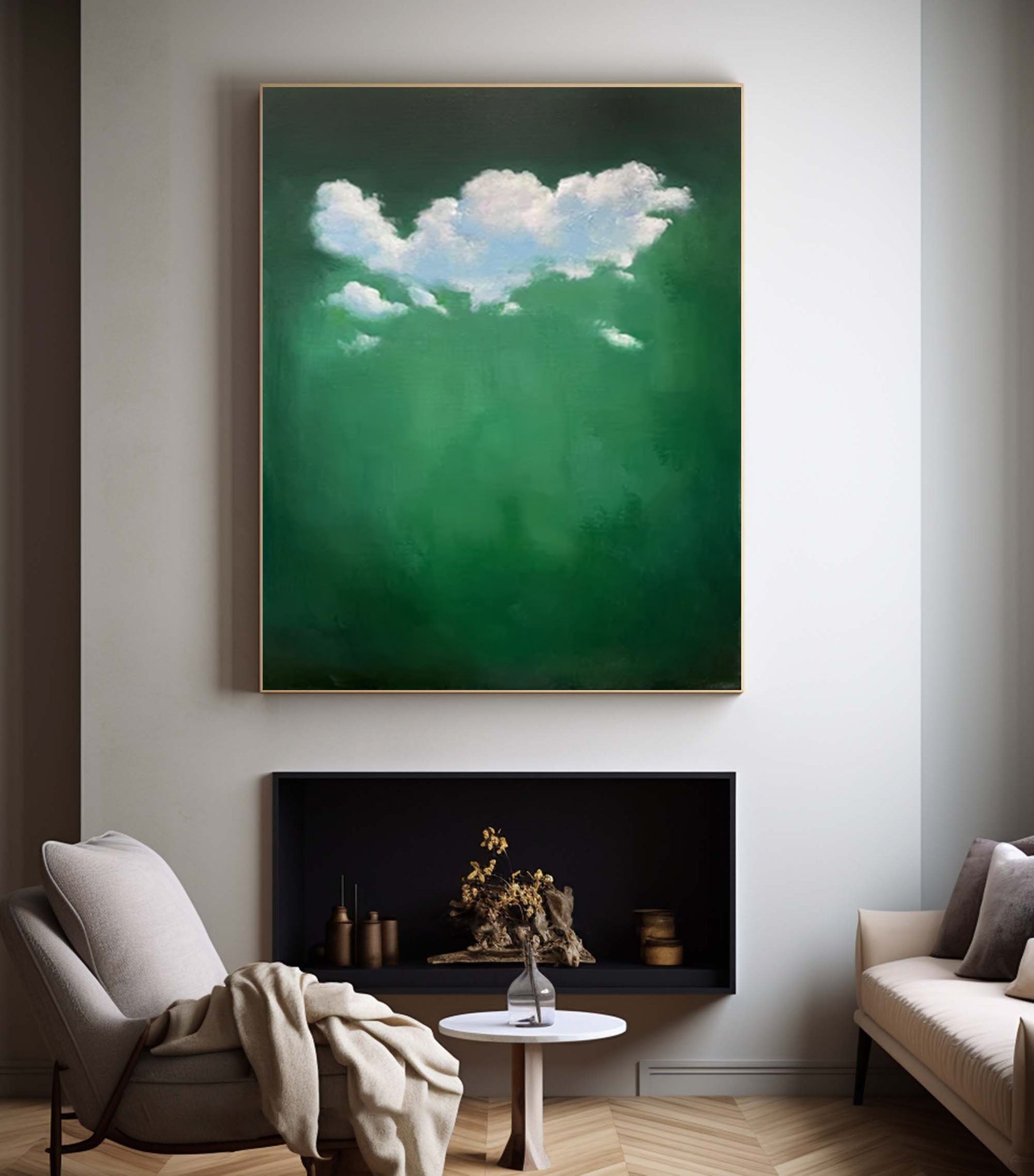 Emerald Sky Canvas Painting- Minimalist Cloud Wall Art #SP 003