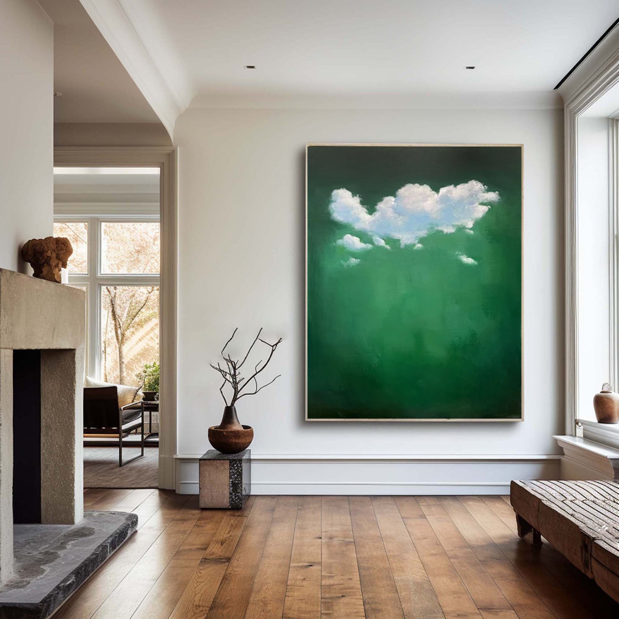 Emerald Sky Canvas Painting- Minimalist Cloud Wall Art #SP 003