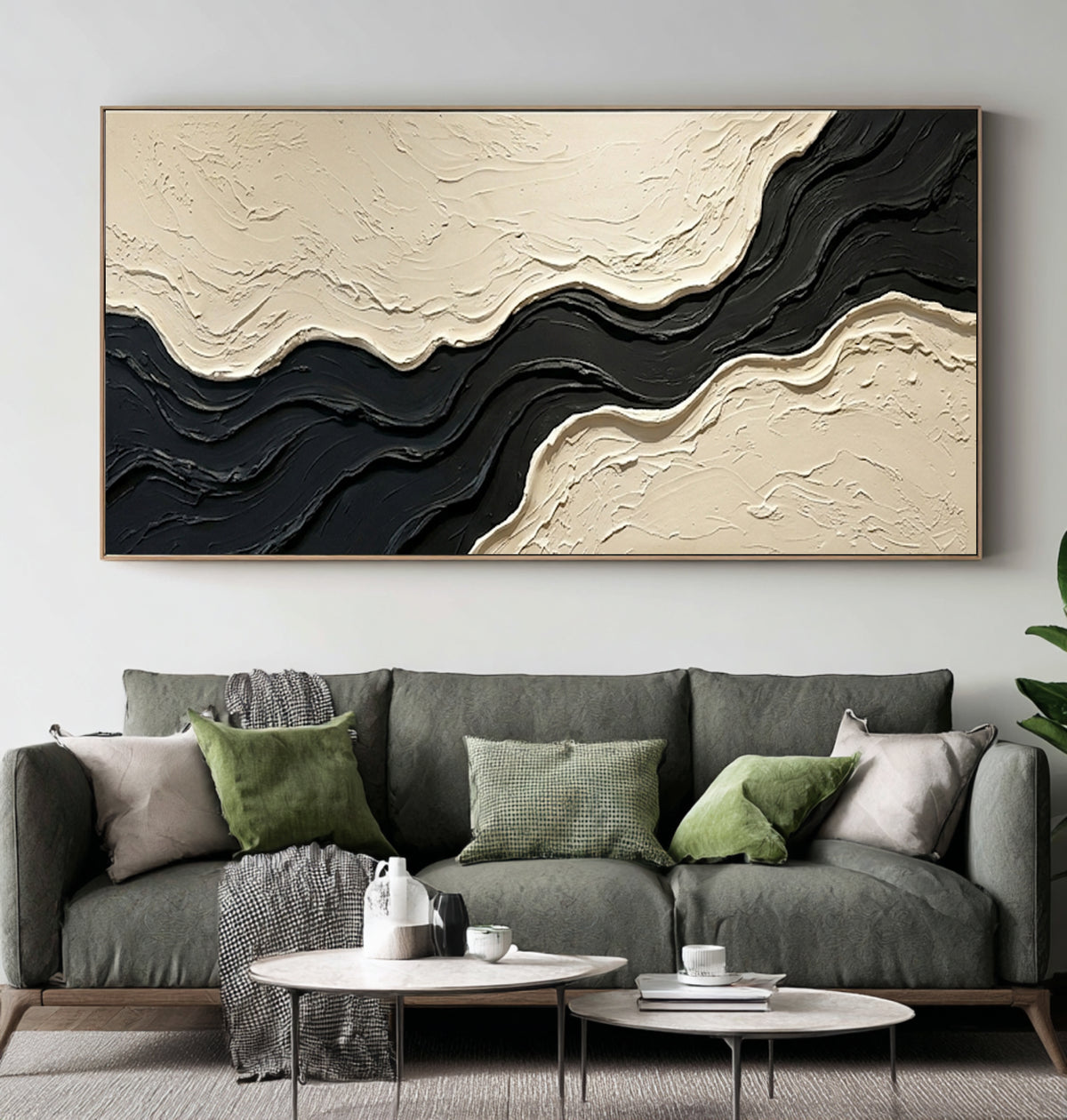 Large Architectural Textured Abstract Wall Art Black Ivory Oil Painting Contemporary Minimalist Artwork Luxury Interior Decor