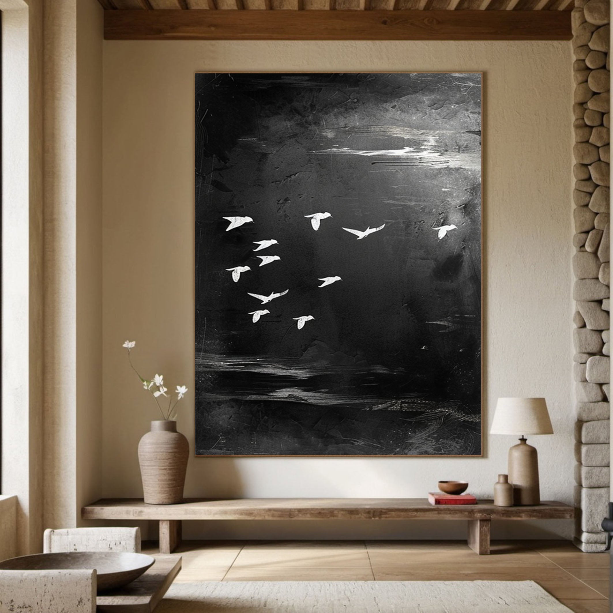 Black and White Birds Painting Modern Art for Urban Interiors #BM 099