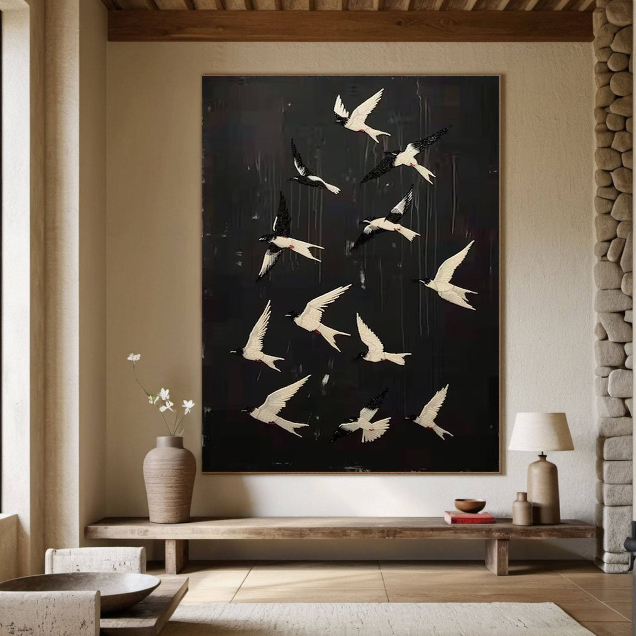 Black and White Birds Painting Modern Art for Urban Interiors #BM 100