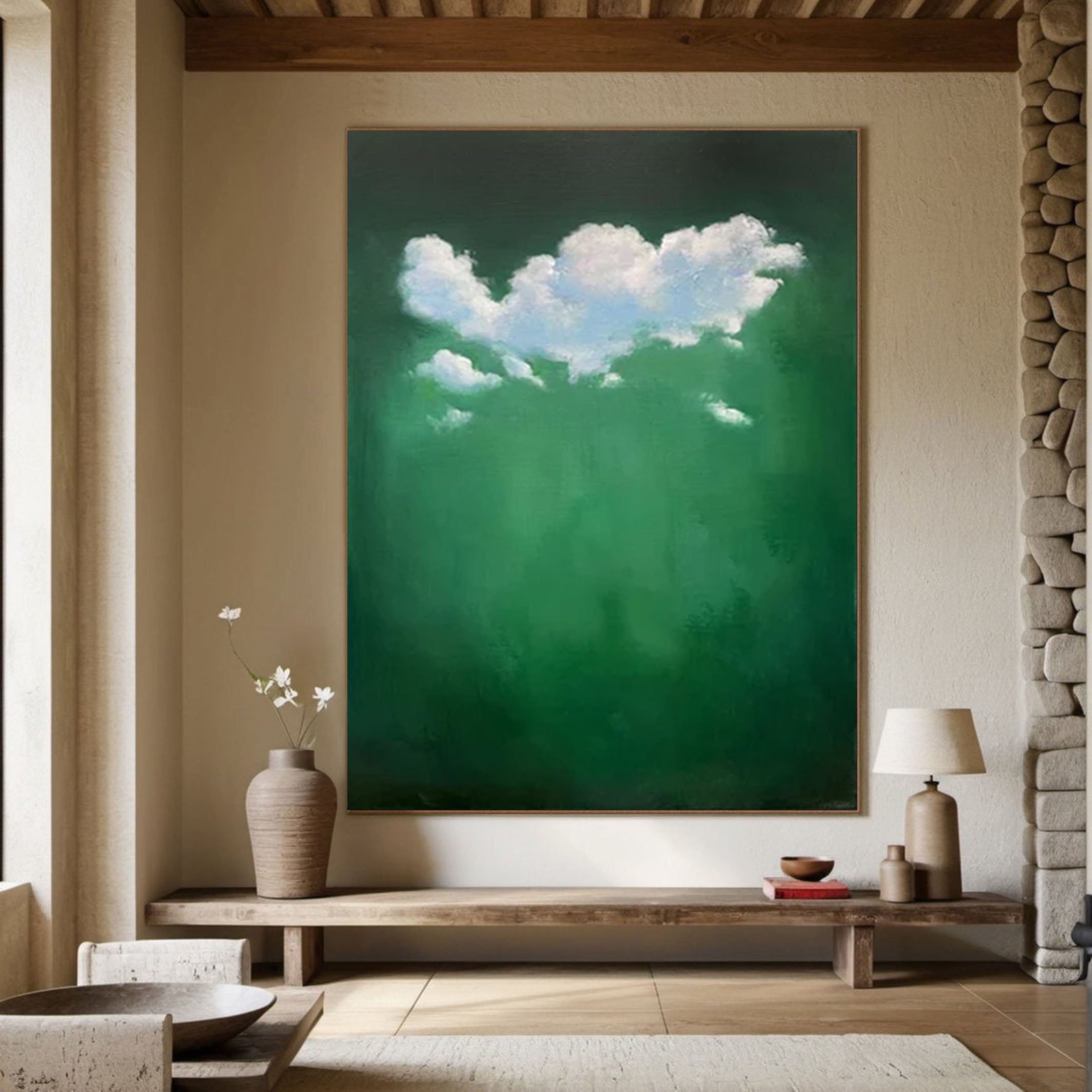 Emerald Sky Canvas Painting- Minimalist Cloud Wall Art #SP 003