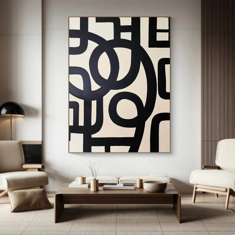 Large Modern Abstract Oil Painting, Black and White Geometric Wall Art for Living Room #WAC 031