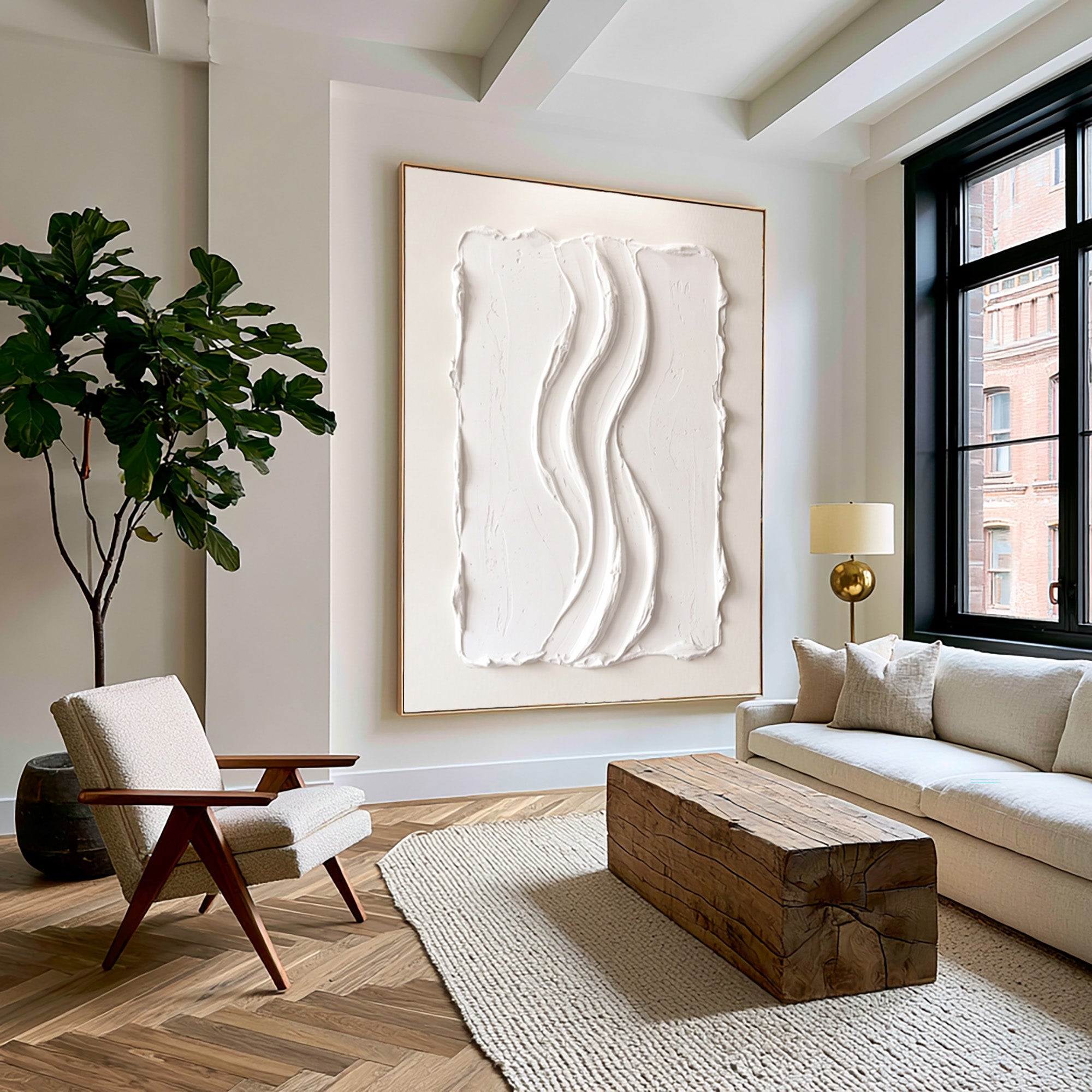 Large White Textured Wall Art Abstract Oil Painting Vertical Flow Sculpture Minimalist Modern Contemporary Interior Decor