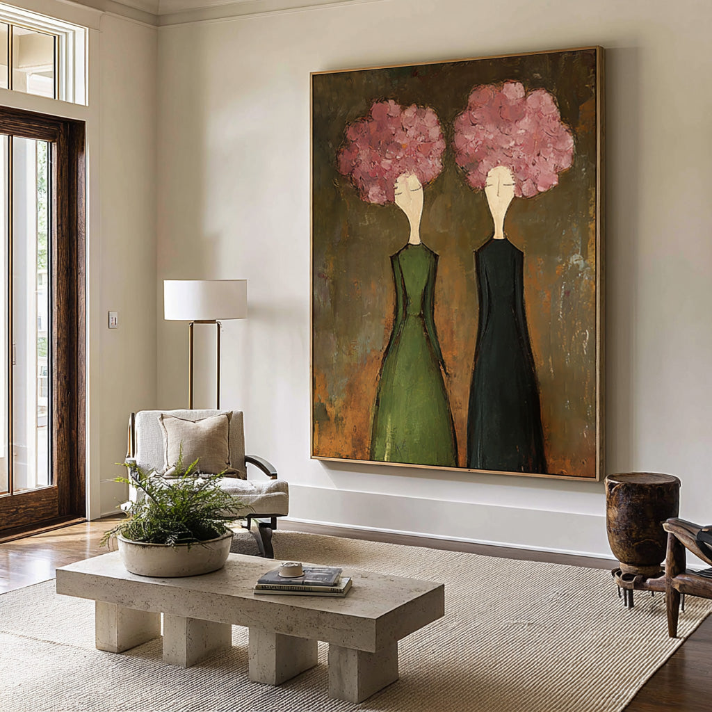 Large Modern Floral Portrait Oil Painting on Canvas – Green Dress Statement Wall Art #WAC 042