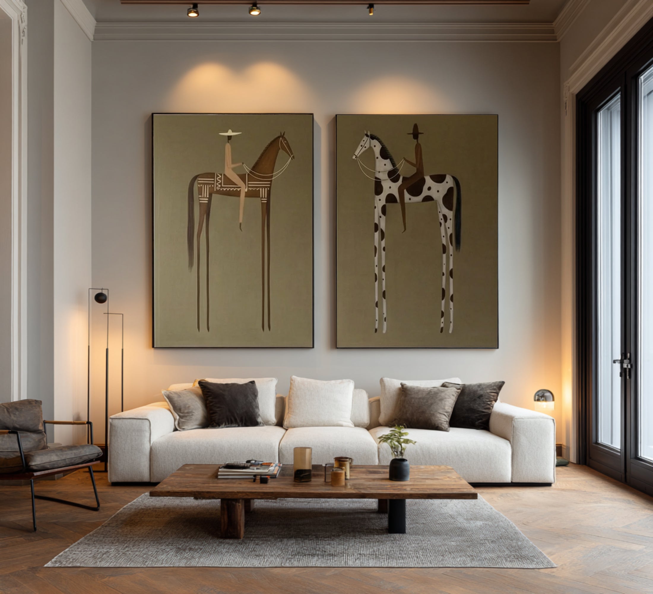 Large Equestrian Diptych Painting Modern Horse Rider Wall Art