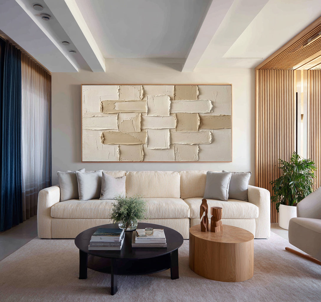 Large Neutral Woven Texture Wall Art Modern Geometric Canvas Painting