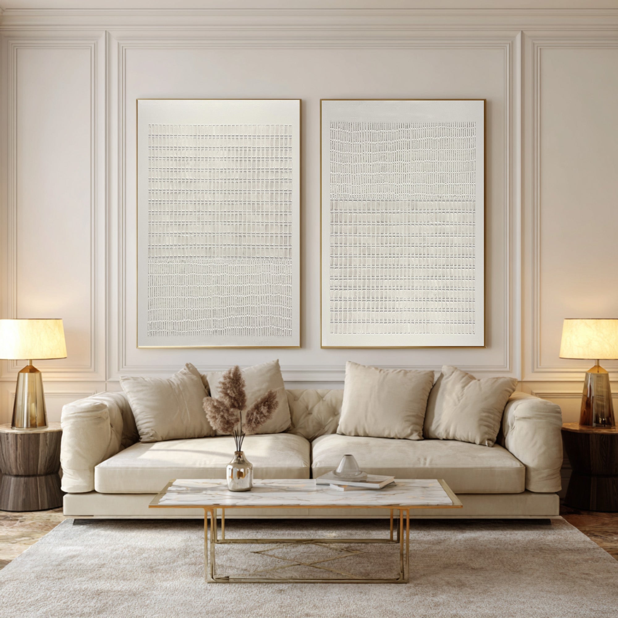 Large Minimal Abstract Oil Painting Set, Beige Grid Textured Wall Art for Living Room Decor #WAC 019
