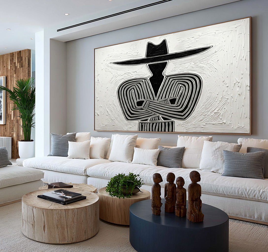 Large Textured Cowboy Portrait Minimalist Black White Western Wall Art