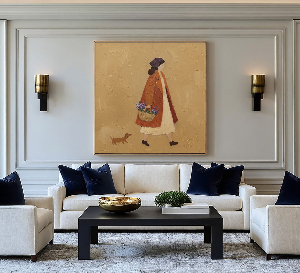 The Girl With The Flower Basket Original Figurative Painting Woman Dog Rustic French Country Wall Decor