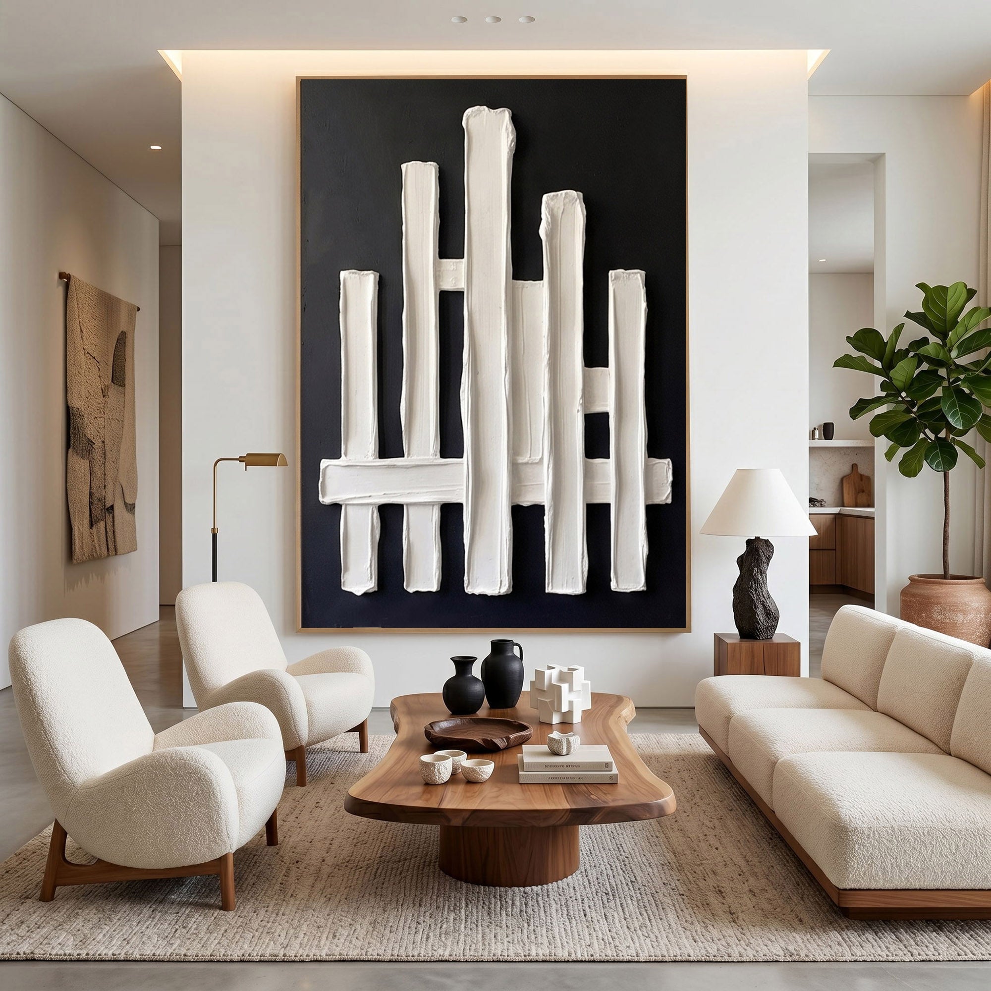 Large Ivory Plaster Wall Art 3D Textured Abstract Relief Painting Modern Minimalist Home Decor