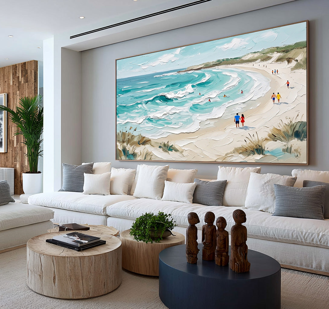 Large Textured Beach Painting Turquoise Ocean Waves Coastal Wall Art