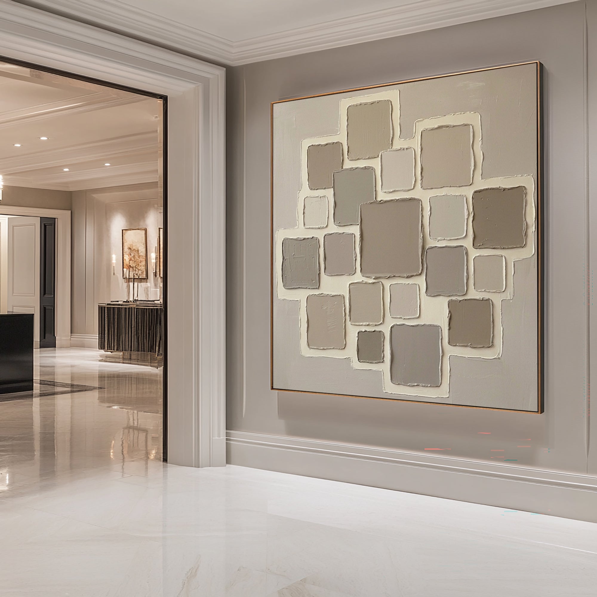 Large Neutral Geometric Oil Painting – Minimalist Beige Texture Wall Art