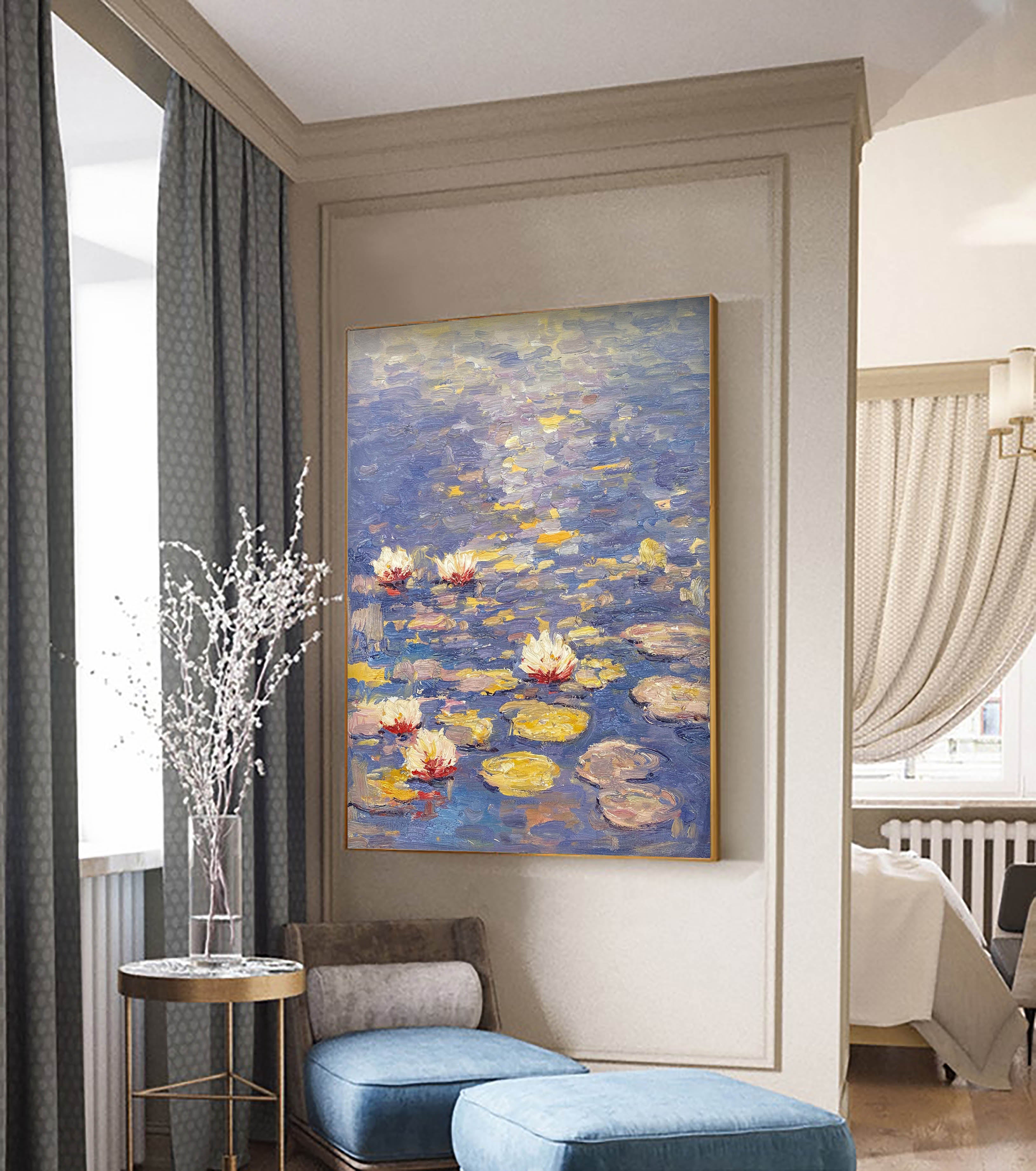 Water Lilies in Blue and Purple, Impressionistic Wall Art #BGA 067