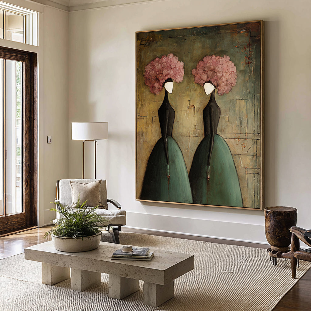 Large Elegant Figurative Wall Art Vintage Floral Portrait Painting