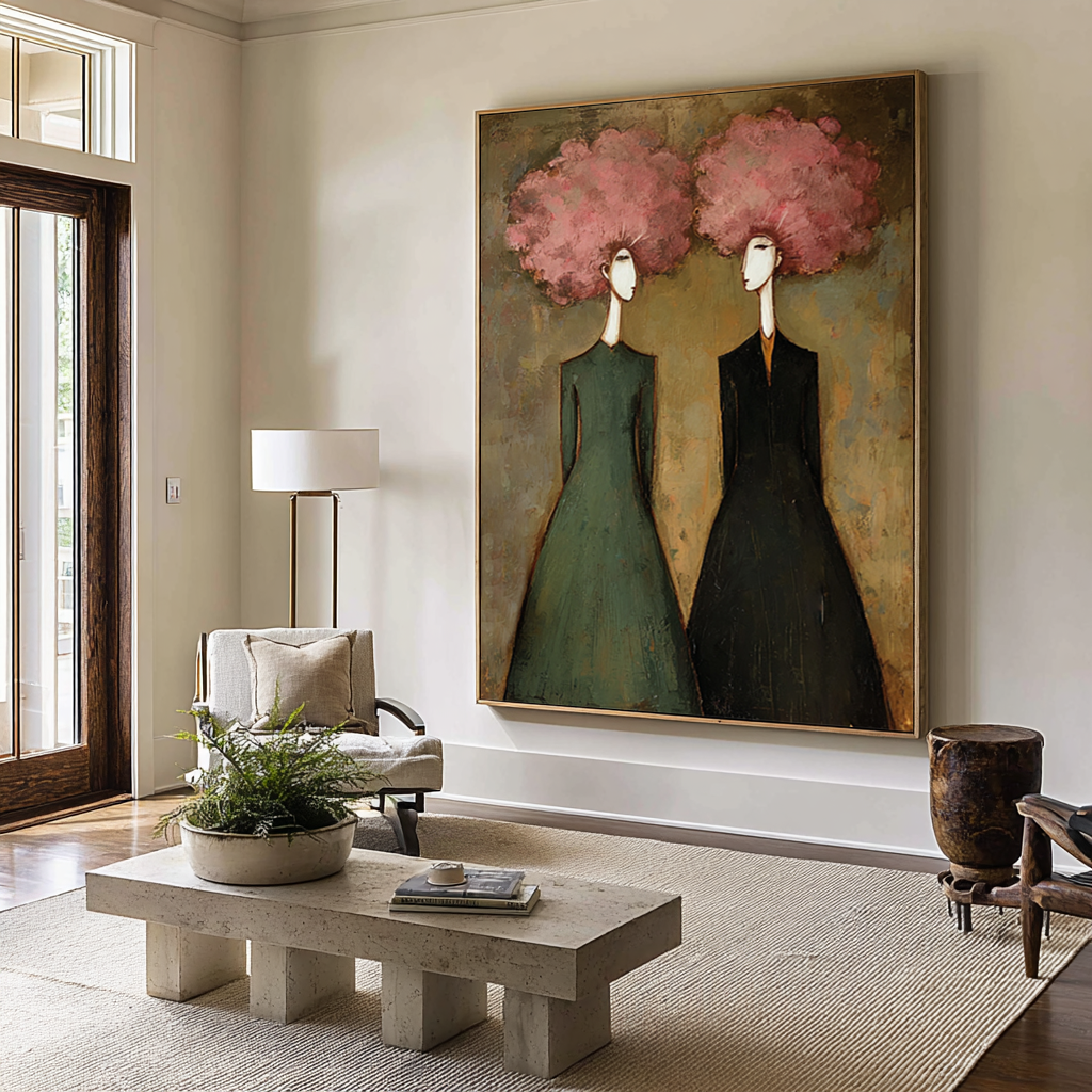 Large Abstract Pink Portrait Oil Painting – Green and Black Modern Wall Art Decor #WAC 044