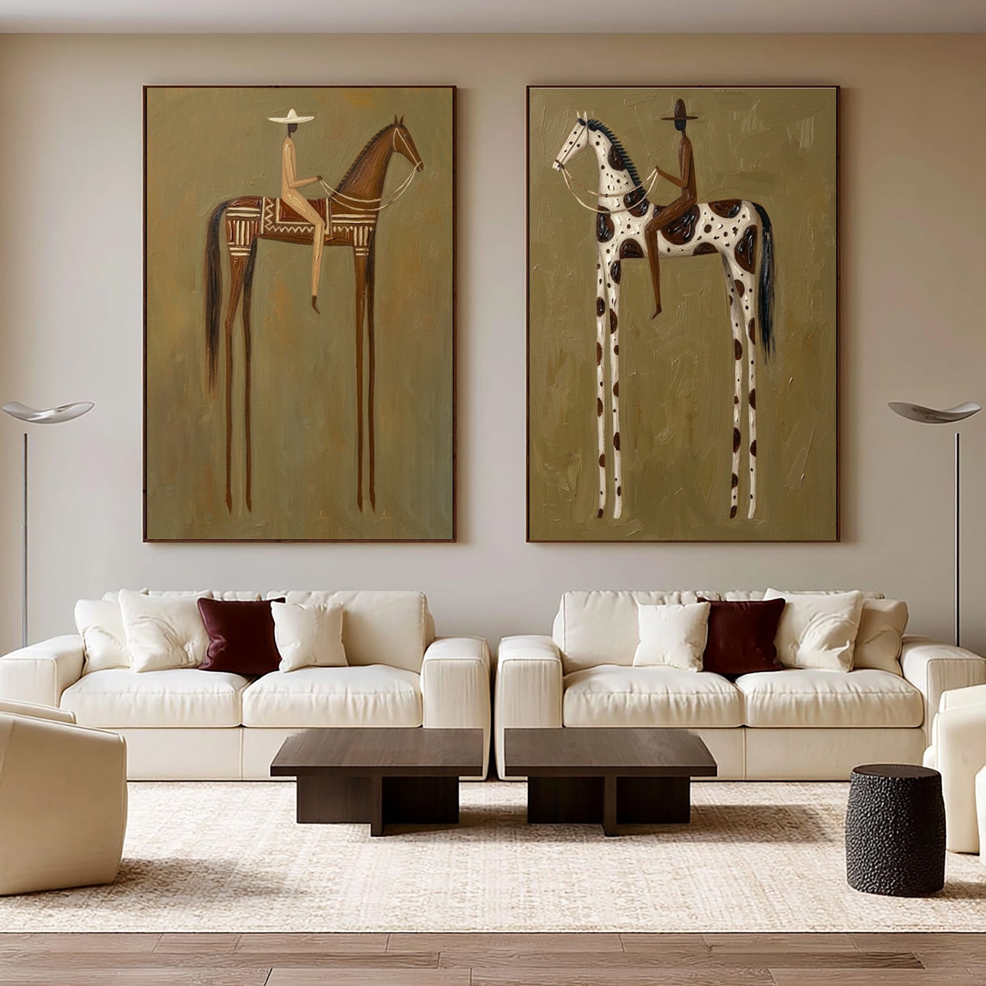 Large Contemporary Cowboy Horse Wall Art Minimalist Western Canvas Diptych