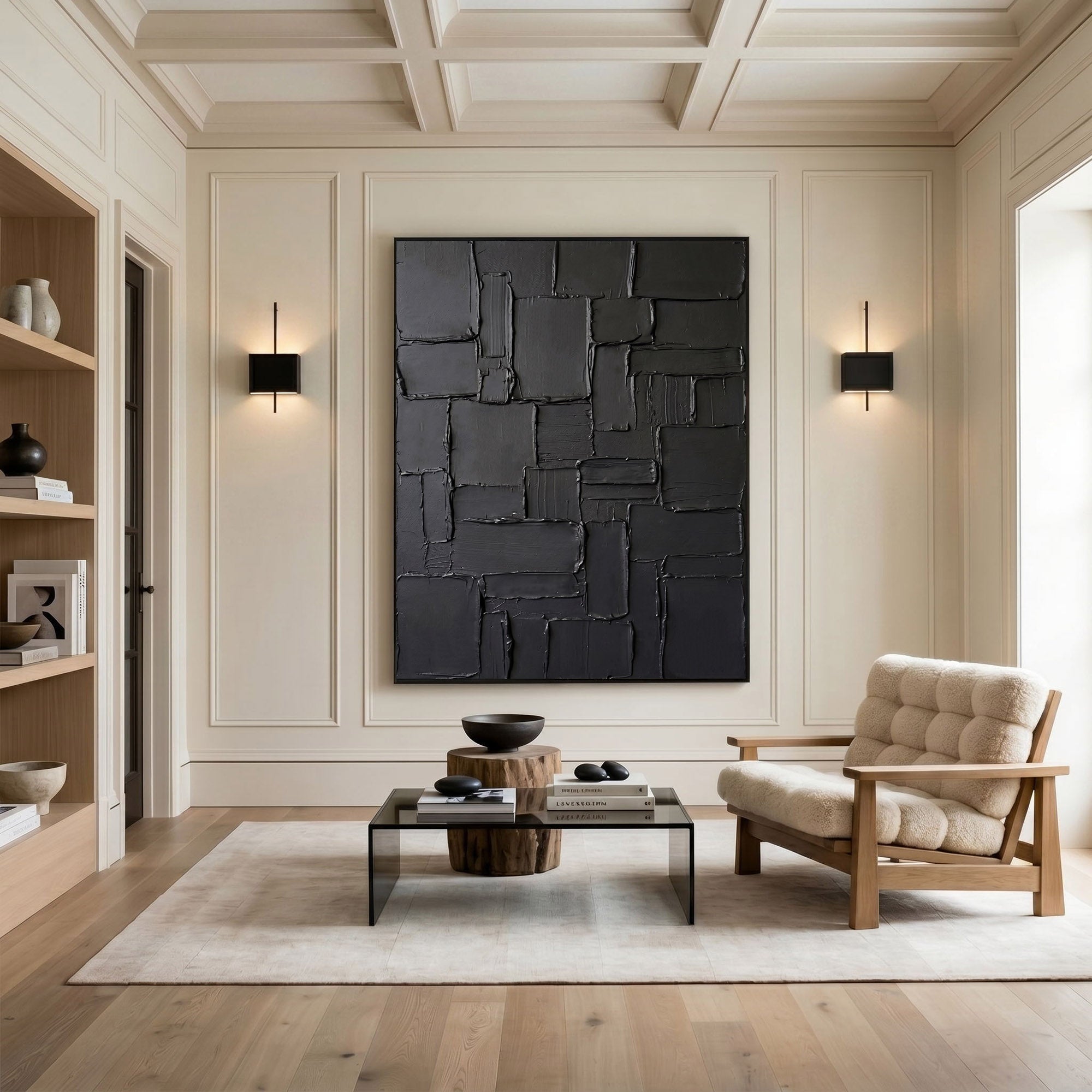Black Textured Wall Art Abstract Plaster Relief Painting Modern 3D Impasto Minimalist Luxury Decor