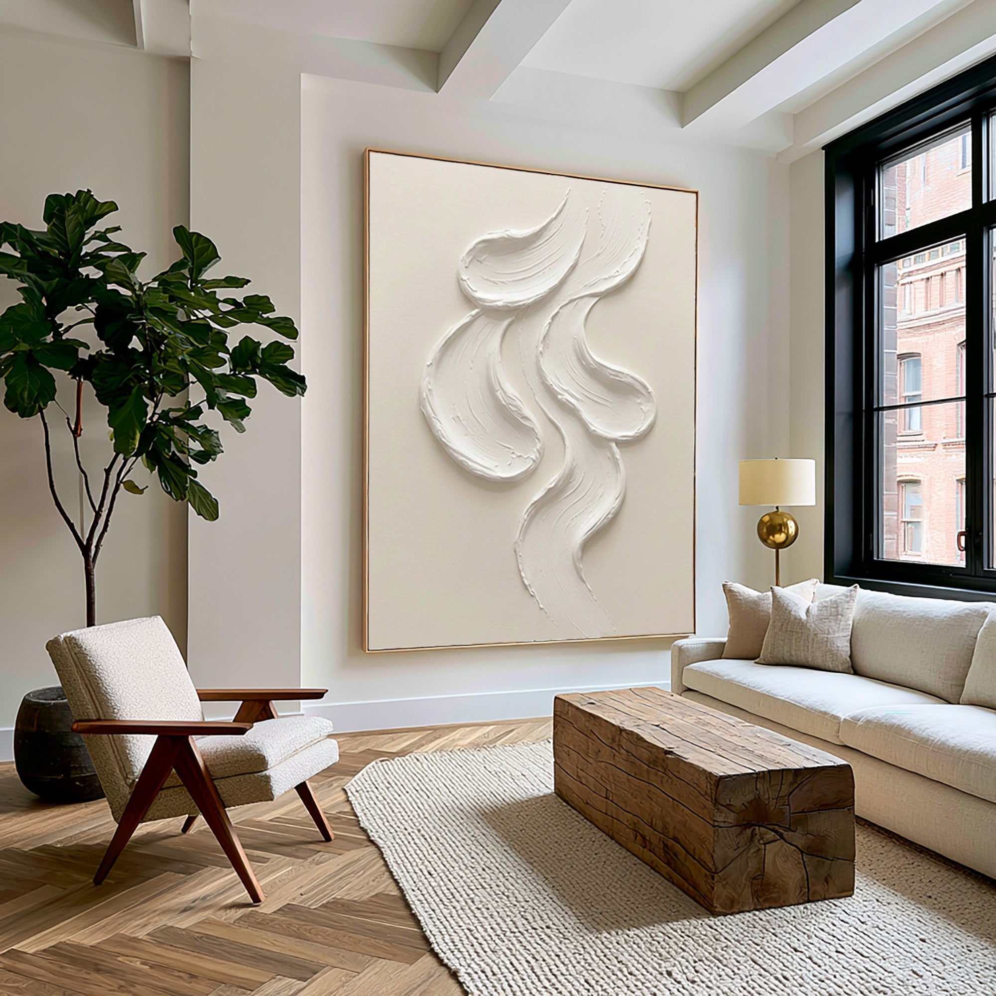 Large Abstract White Wall Art Textured Oil Painting Minimalist Sculptural Artwork Modern Neutral Contemporary Interior Decor