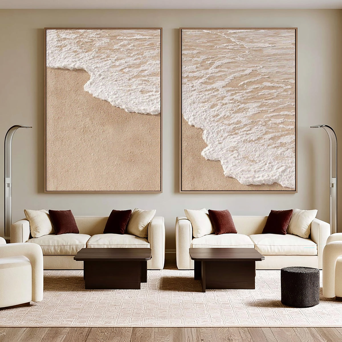 The Edge Of The Tide Large Textured Coastal Diptych White Wave Beach Wall Art Contemporary Artwork