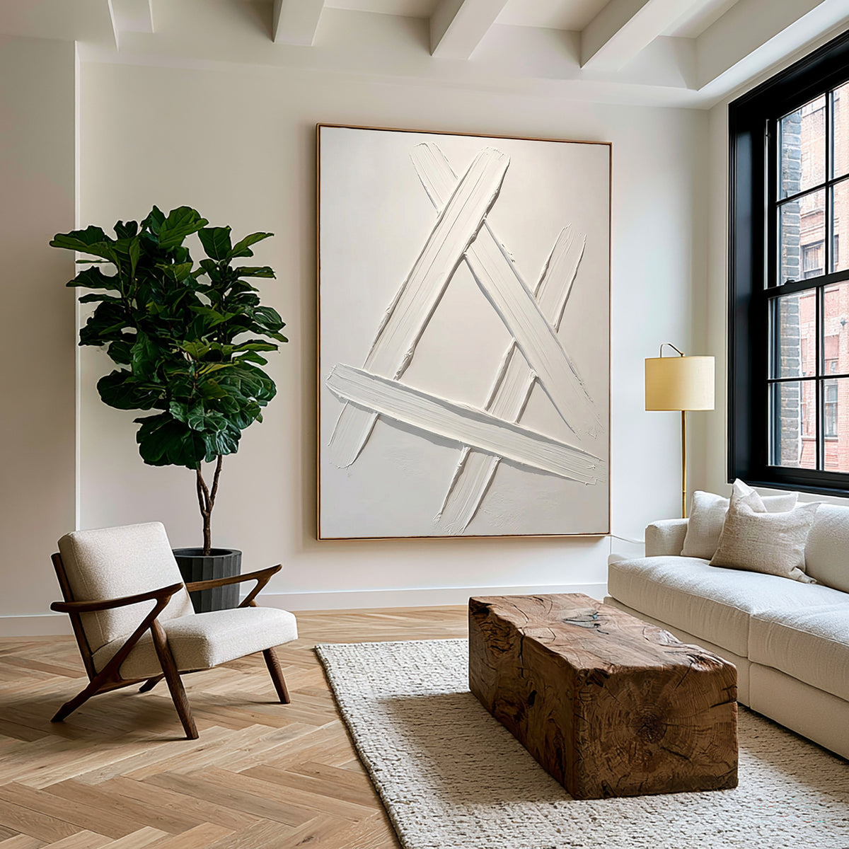 Intersecting Lines Minimalist Textured Abstract Artwork Handmade White Contemporary Geometric Wall Painting