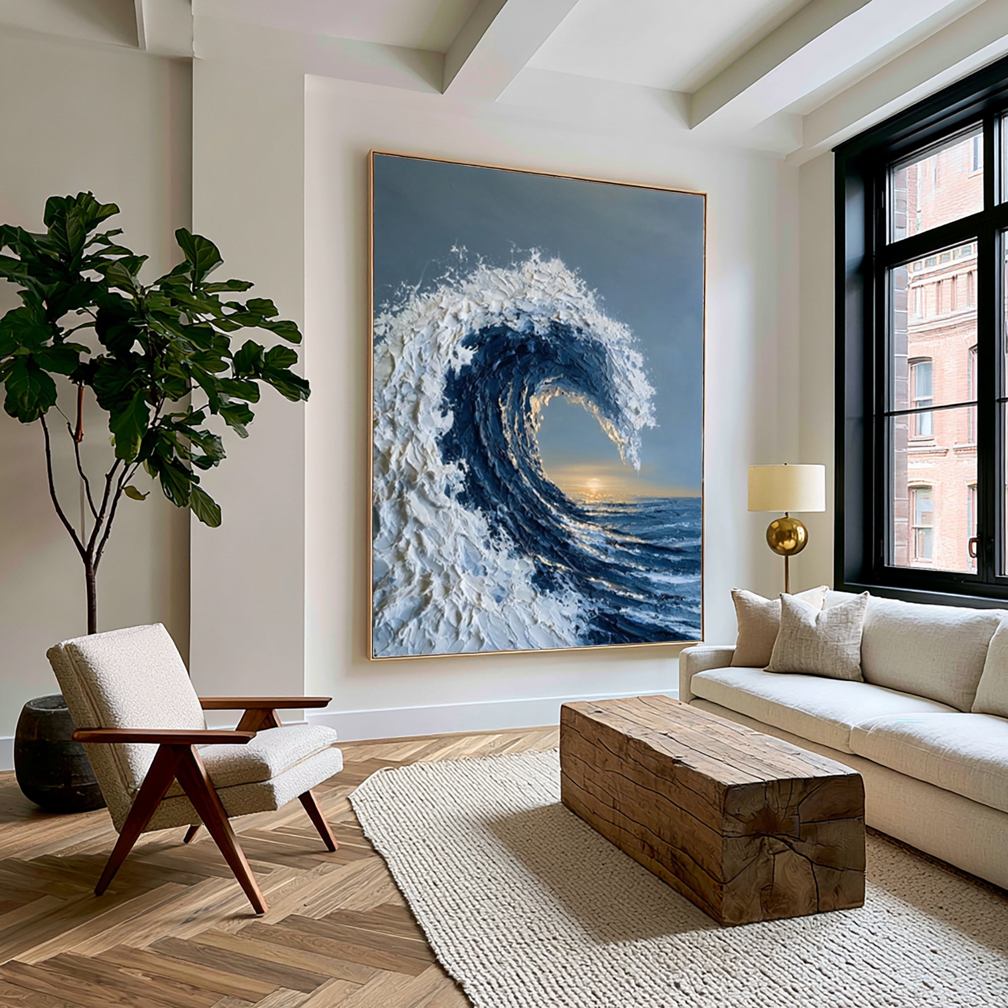 Large Ocean Wave Wall Art Textured Oil Painting Coastal Seascape Golden Horizon Blue Sea Abstract Artwork Modern Luxury Decor
