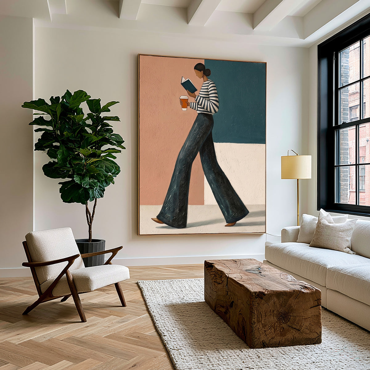 Modern Fashion Woman Reading Book Coffee Wall Art