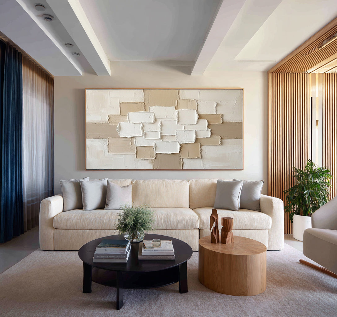 Large Beige Geometric Texture Painting Contemporary Neutral Wall Decor