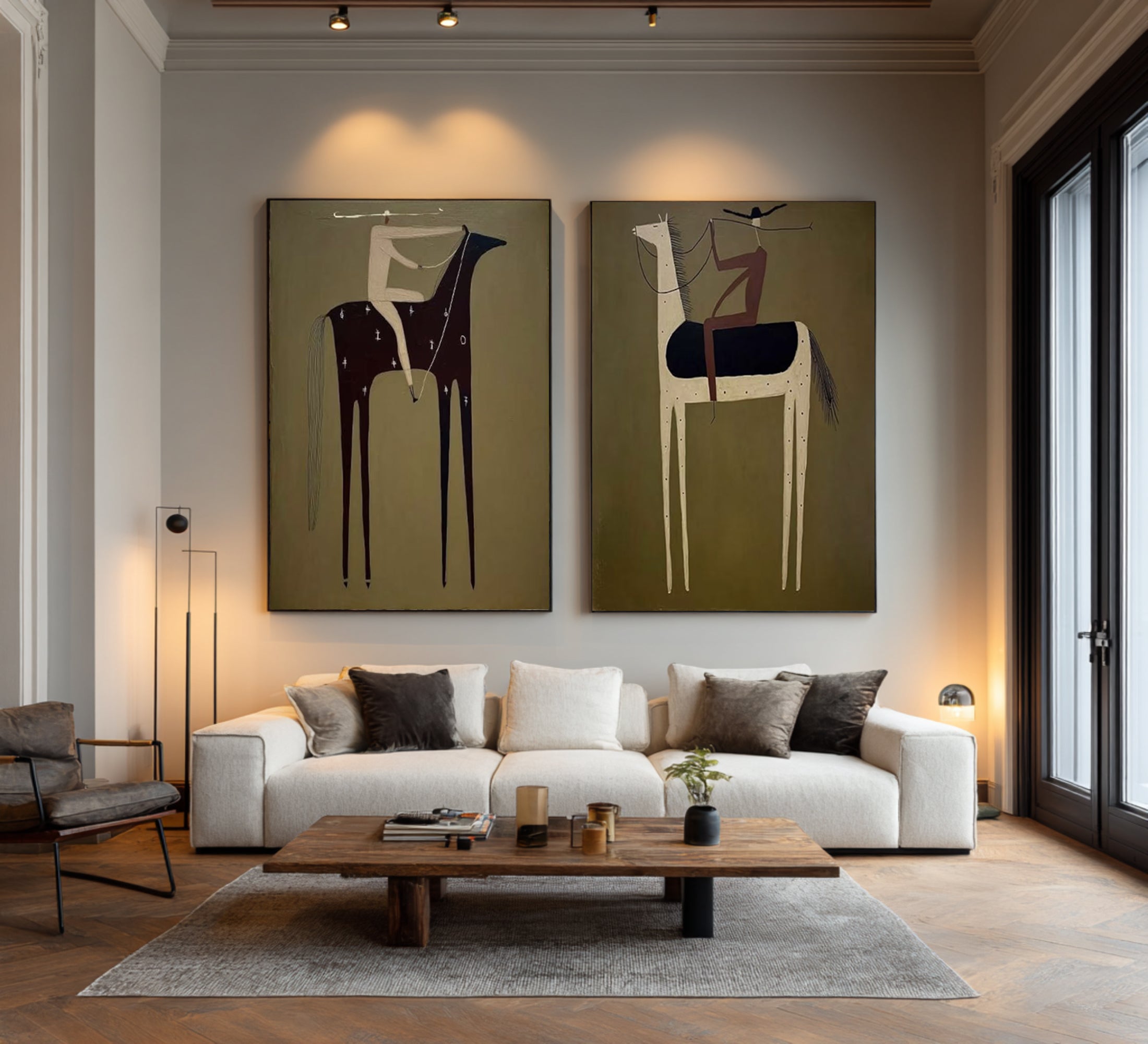 Large Modern Equestrian Wall Art Minimalist Horse and Rider Diptych