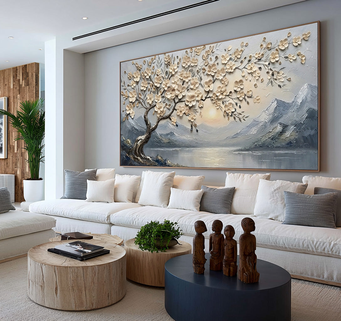 Large Textured Blossom Tree Painting Mountain Lake Floral Wall Art