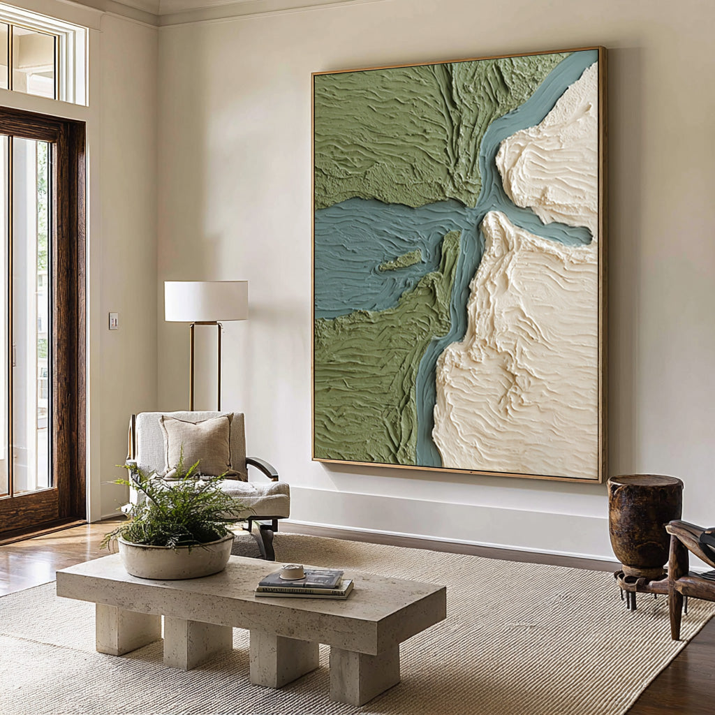 Large Modern Abstract Oil Painting, Minimal Green Landscape Textured Wall Art for Interior #WAC 029
