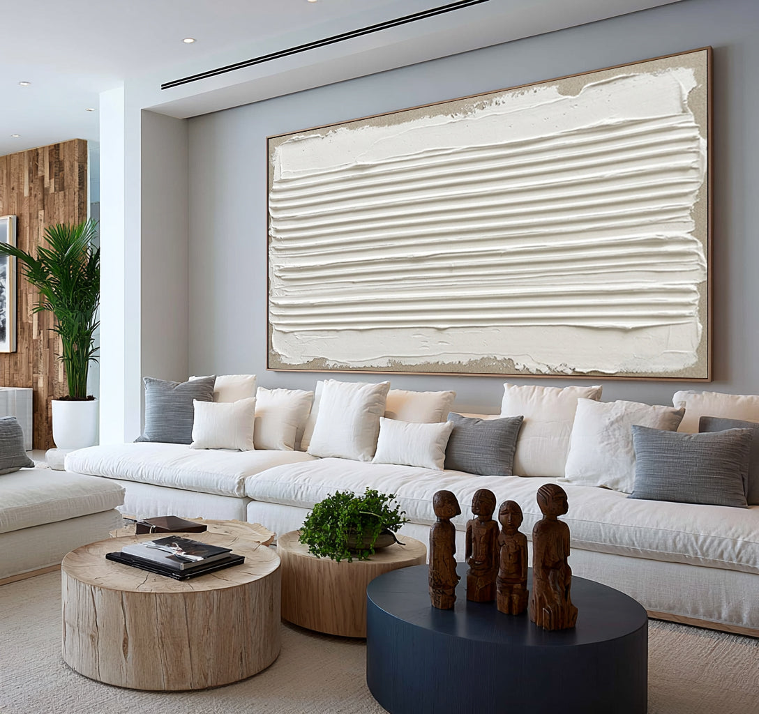 Lines That Drift Into Stillness Large White Textured Wall Art Minimalist Abstract Relief Artwork