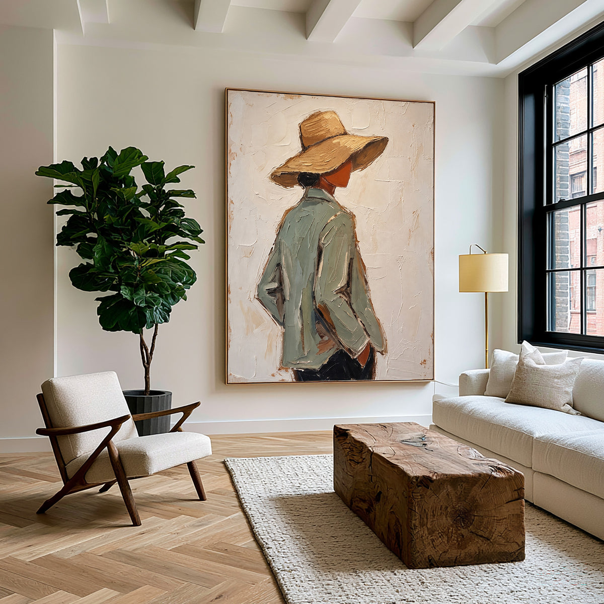 Large Textured Western Oil Painting Cowboy Hat Figurative Wall Art
