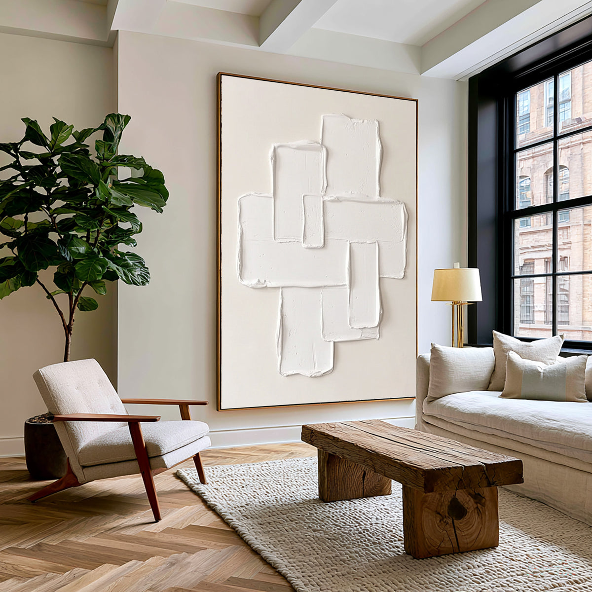 Large Minimalist Geometric Textured Relief Wall Art Ivory Cream Abstract Oil Painting Sculptural 3D Modern Luxury Home Decor