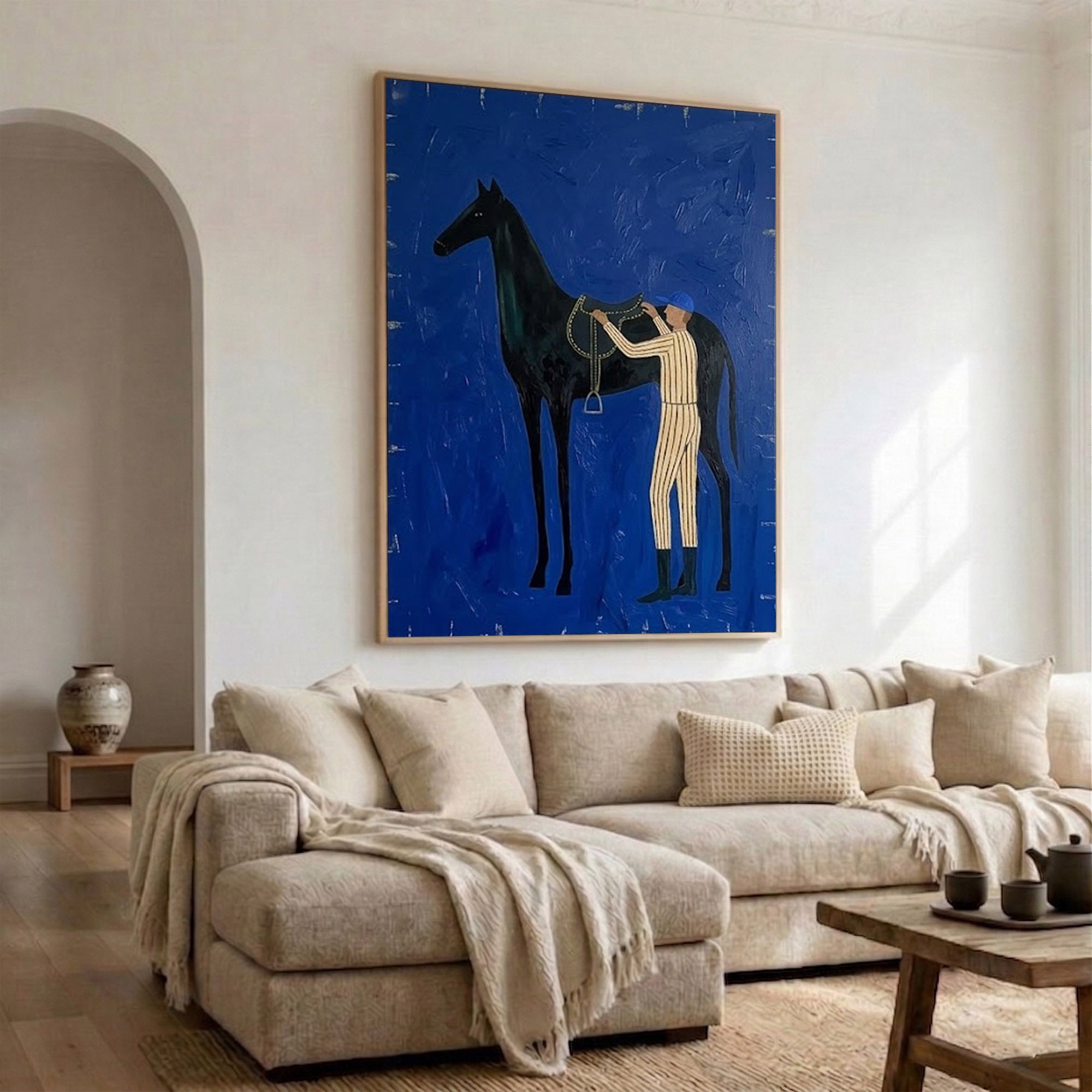 Large Abstract Cowboy Equestrian Oil Painting Blue Wall Art