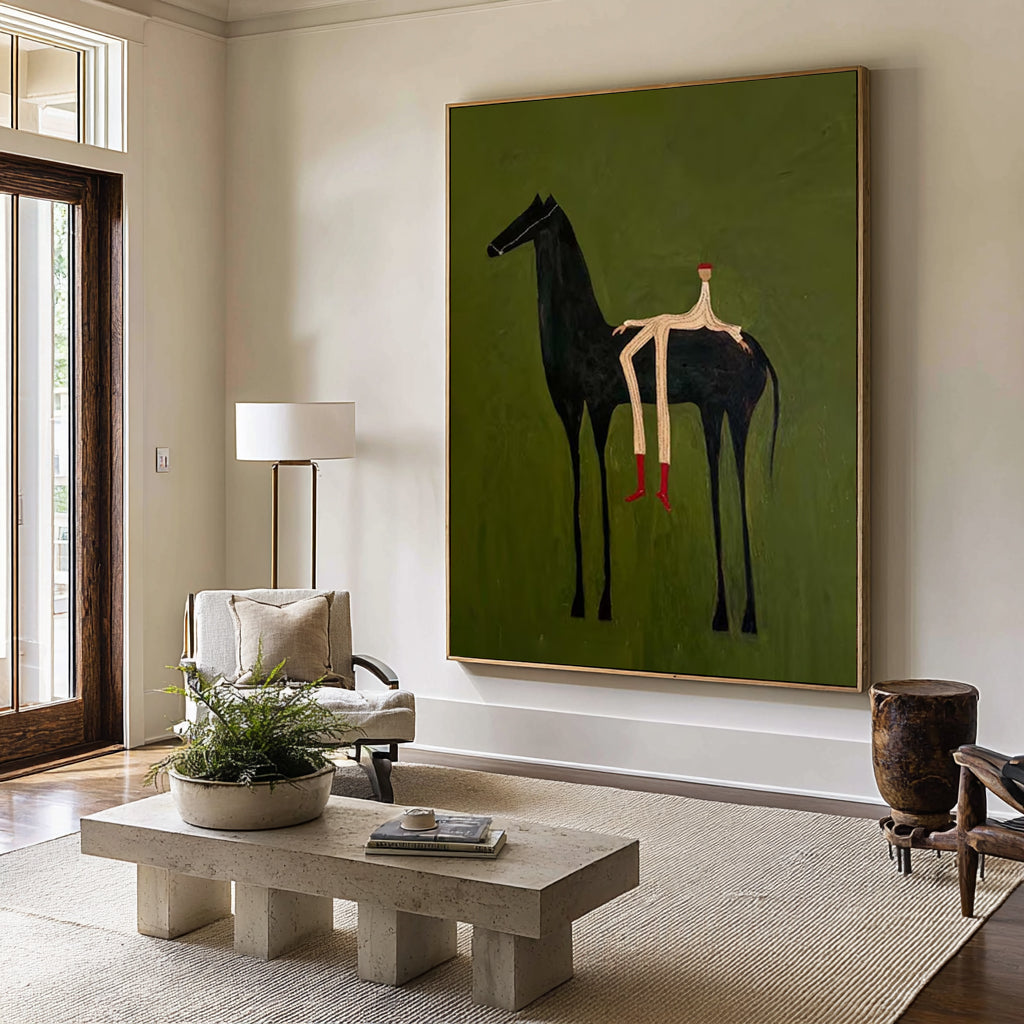 Large Abstract Horse Painting Green Minimalist Figurative Wall Art