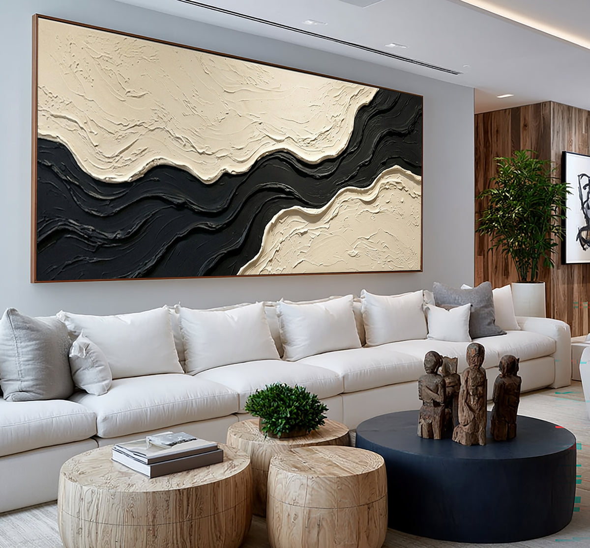 Large Architectural Textured Abstract Wall Art Black Ivory Oil Painting Contemporary Minimalist Artwork Luxury Interior Decor