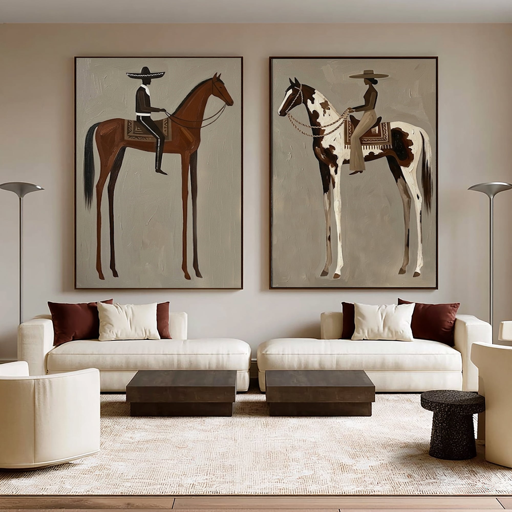 Large Cowboy Horse Wall Art Contemporary Western Diptych Canvas Painting
