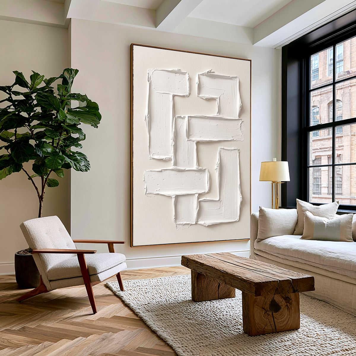 Large Luxury Sculptural Geometric Statement Wall Art Ivory Abstract Textured Oil Painting 3D Impasto Relief Contemporary Home Decor