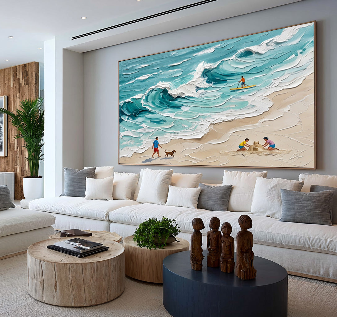 Large Textured Beach Painting Hand Painted Ocean Wave Coastal Wall Art