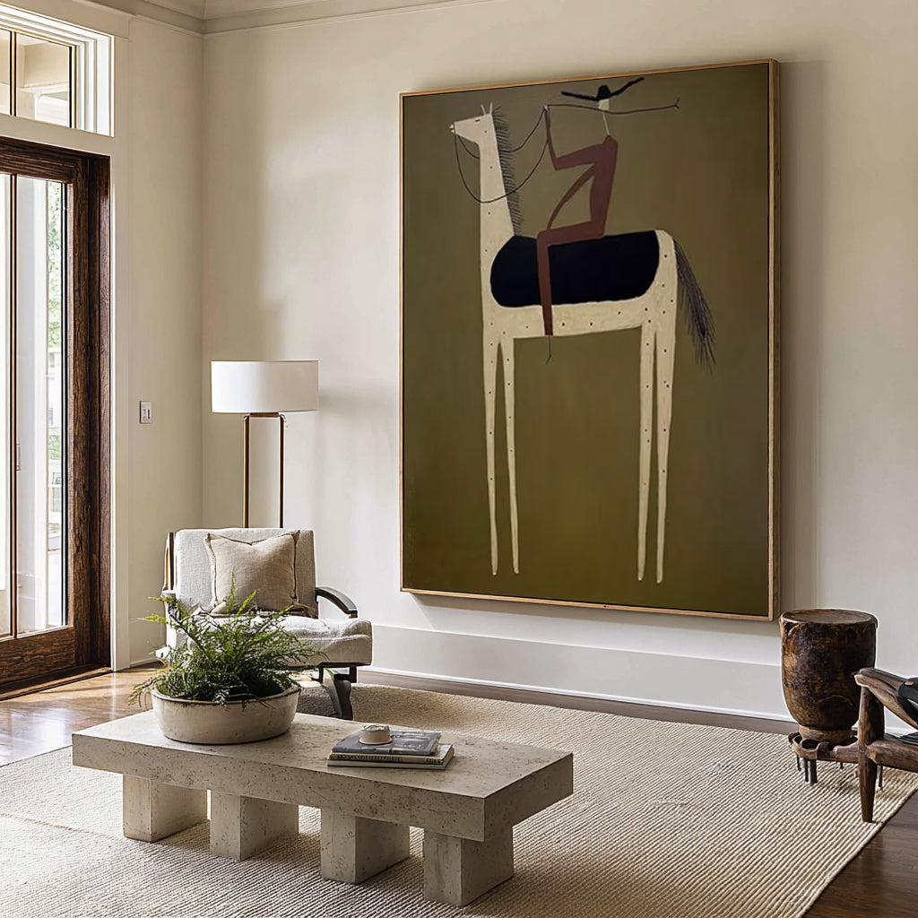 Large Vintage Horse Painting Mid Century Modern Figurative Wall Art