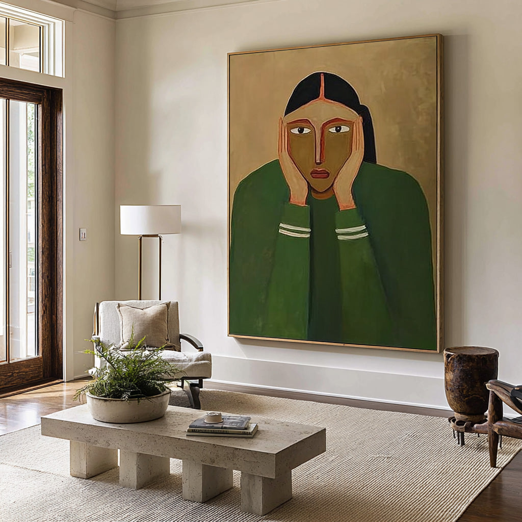 Large Modern Abstract Portrait Oil Painting in Green Tones, Emotional Wall Art for Living Room #WAC 030