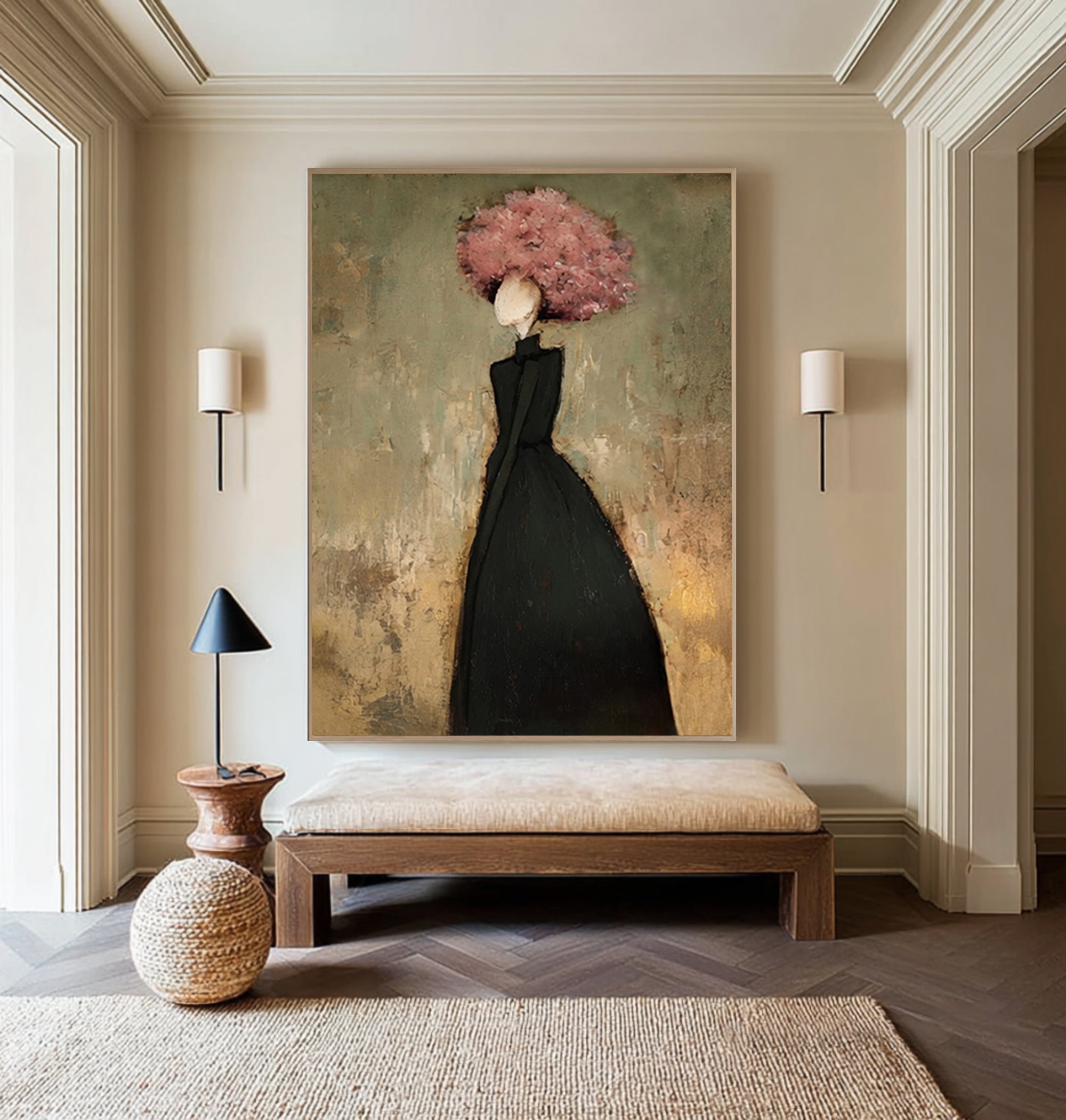 Large Floral Woman Wall Art Black Dress Portrait Oil Painting Modern Abstract Figurative Contemporary Decor