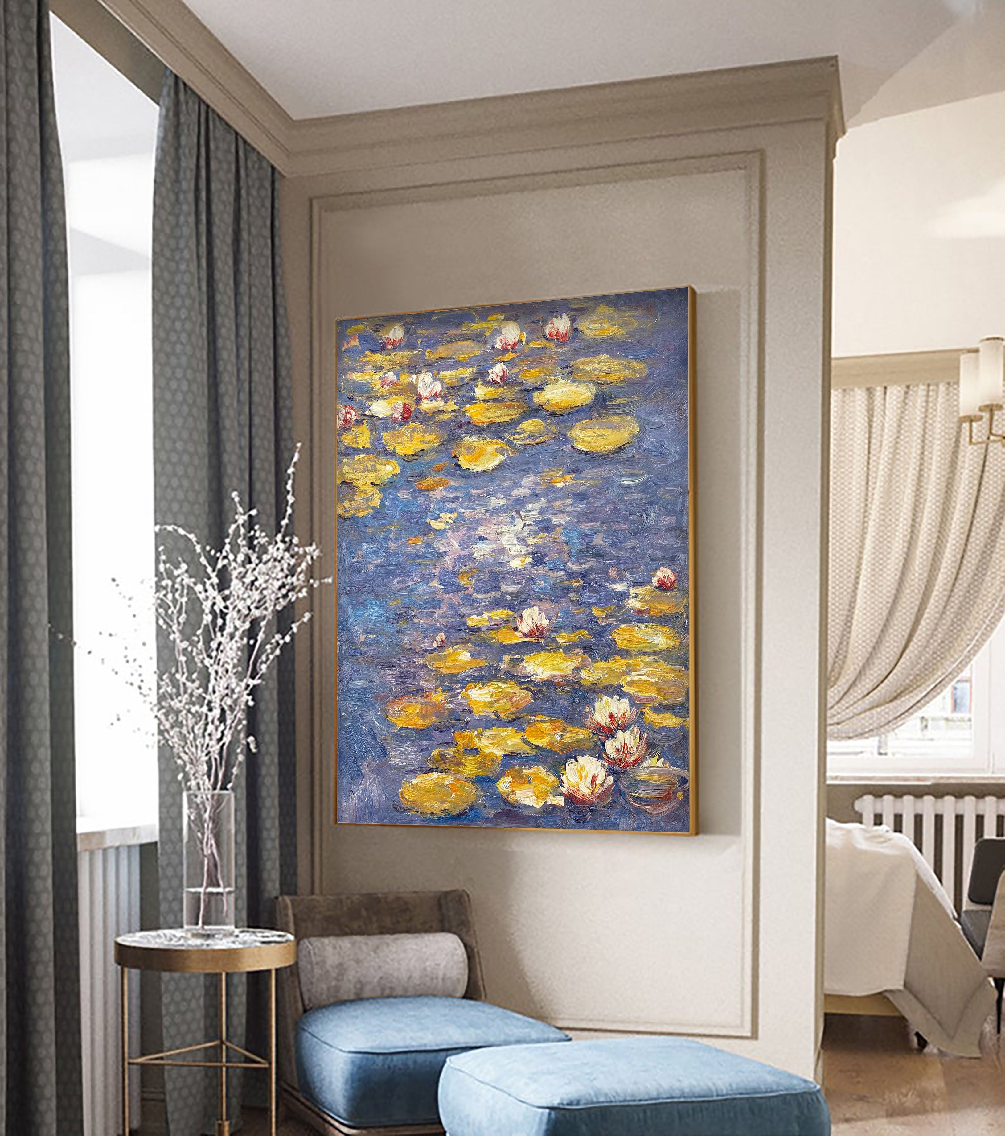 Tranquil Pond with Yellow and White Water Lilies Wall Art #BGA 069