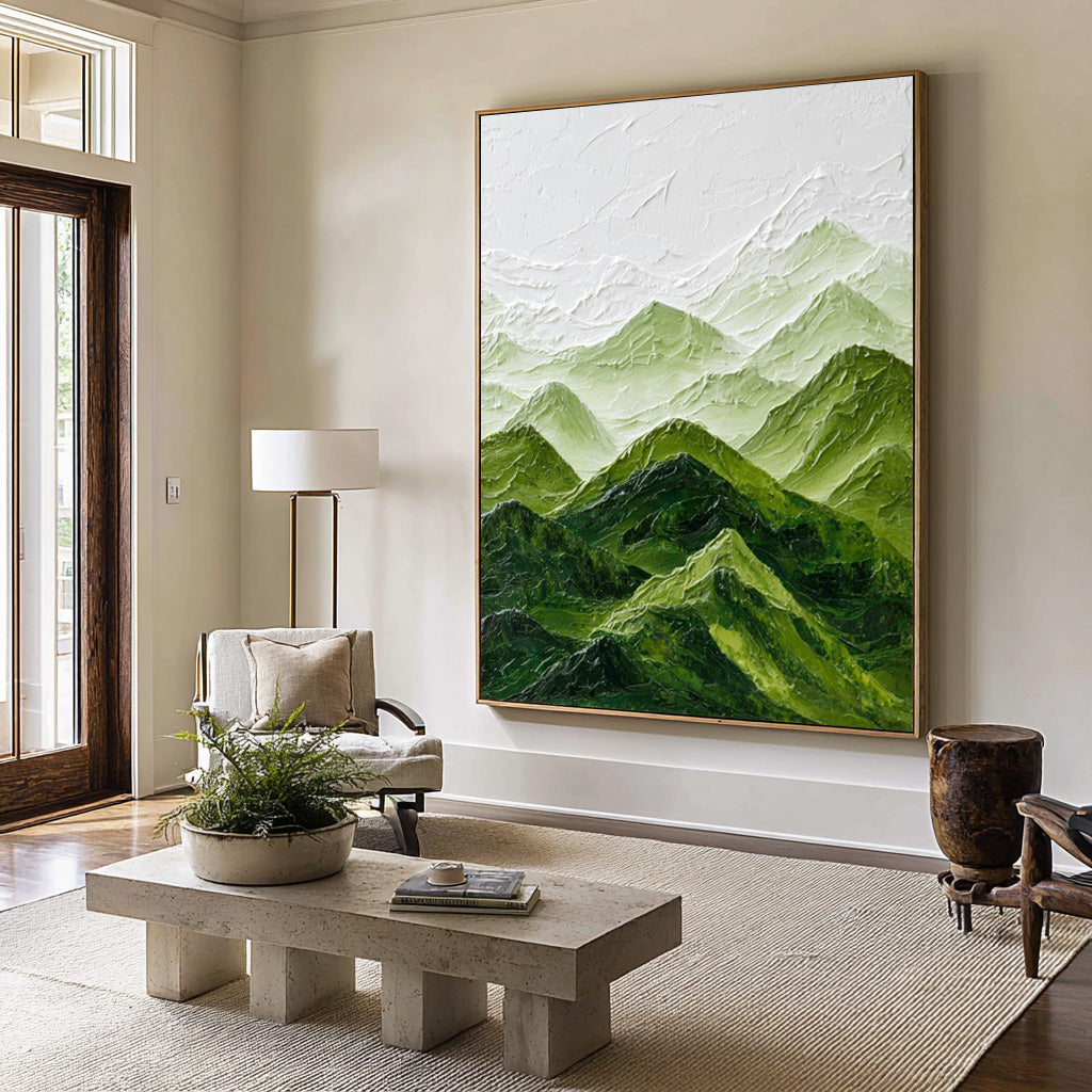 Large Mountain Landscape Abstract Oil Painting, Calming Green Wall Art for Modern Home Decor #WAC 006