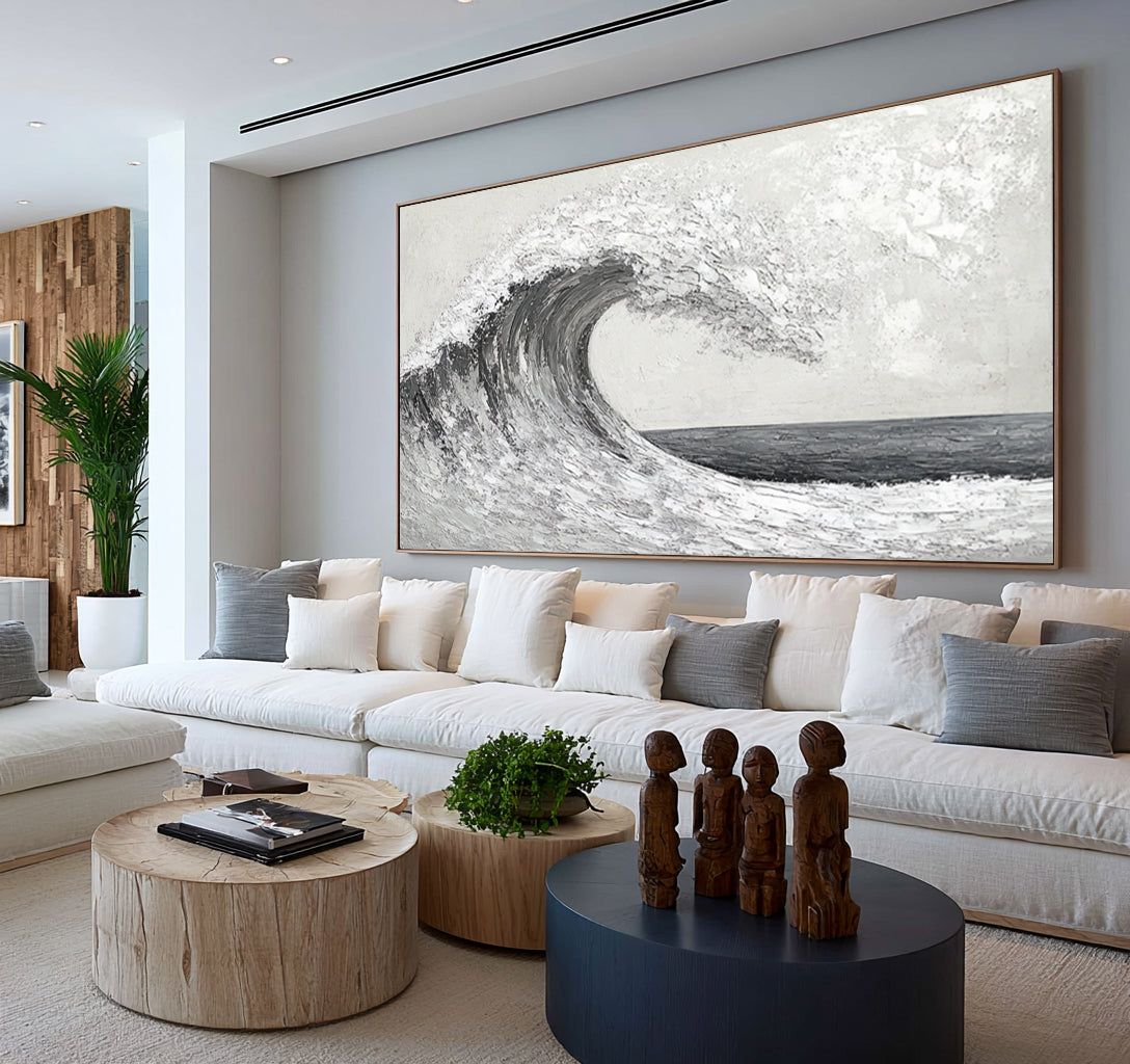 Black White Ocean Wave Textured Oil Painting Large Seascape Wall Art Hand Painted Coastal Artwork